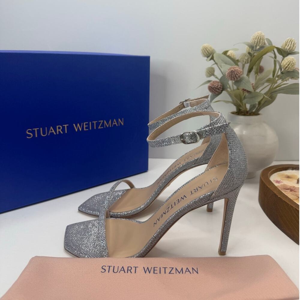 Stuart Weitzman Nudistcurve 100 Ankle Strap Sandal Silver Women's 9.5B Tried On